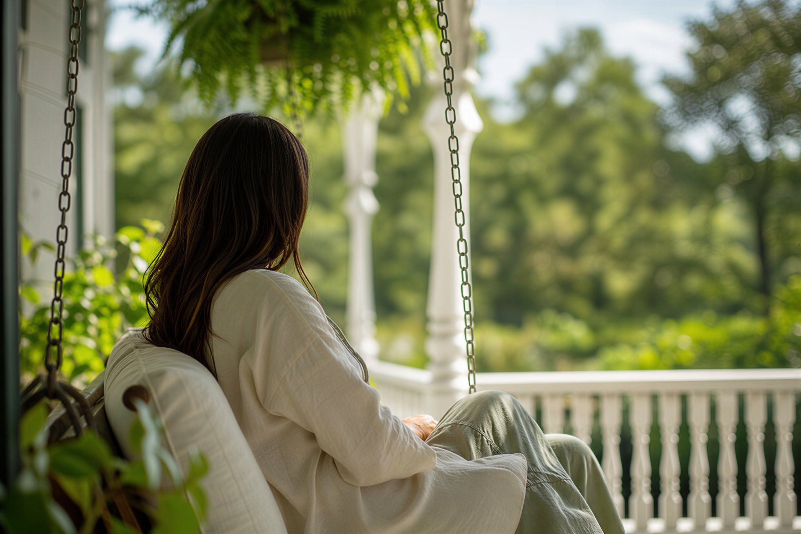 A resident resting on the porch swing, looking out over the garden