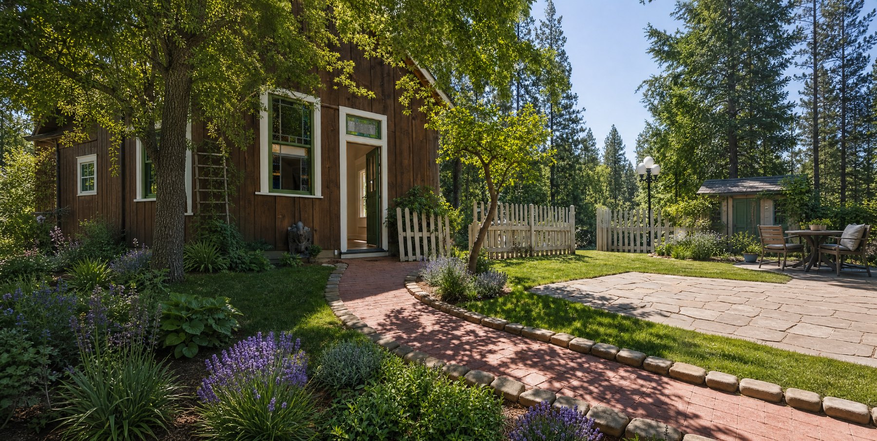 Brick path, picket fence, and flagstone patio beside the house